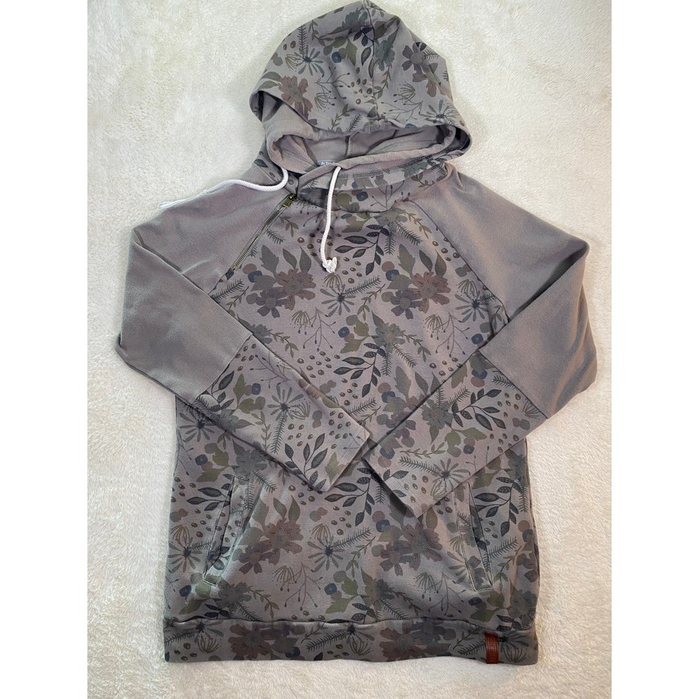 Ampersand Avenue Floral Hoodie Army Green Asymmetrical Zip Sweatshirt XL
